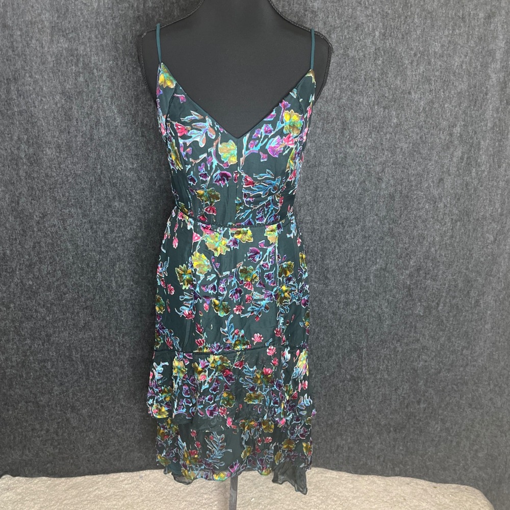 Harlyn Green Floral Burnout Velvet Tiered Midi Dress Womens XS V-Neck Ruffle